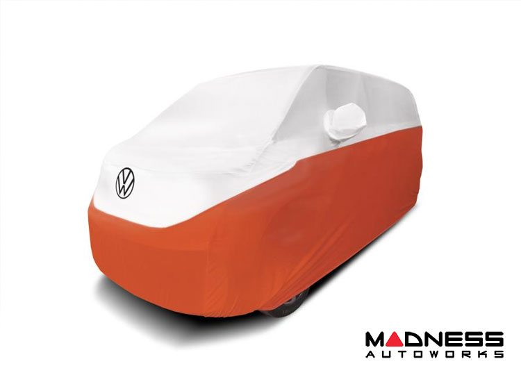 Volkswagen ID. Buzz Custom Fit Vehicle Cover - Satin Stretch - White And Go Mango Orange + Rear Passenger Charger Port Flap